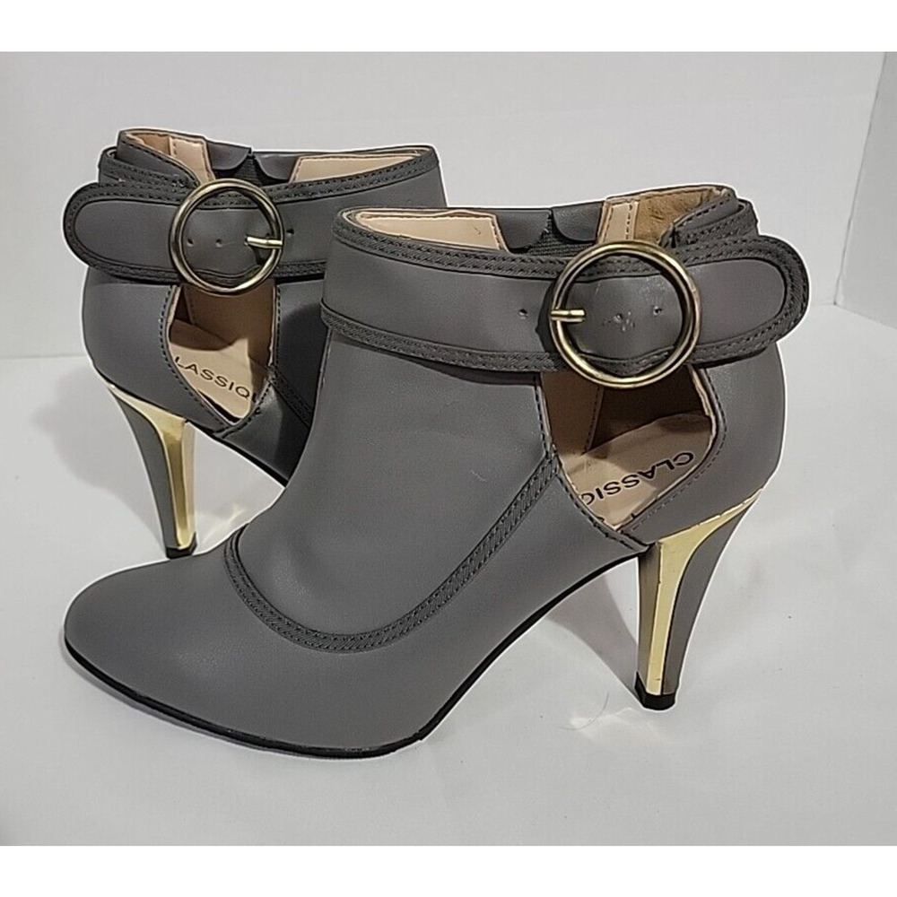 CLASSIQUE Gray Ankle Buckle Gold Trim Stiletto Heel Ankle Boots Shoes Size 9M